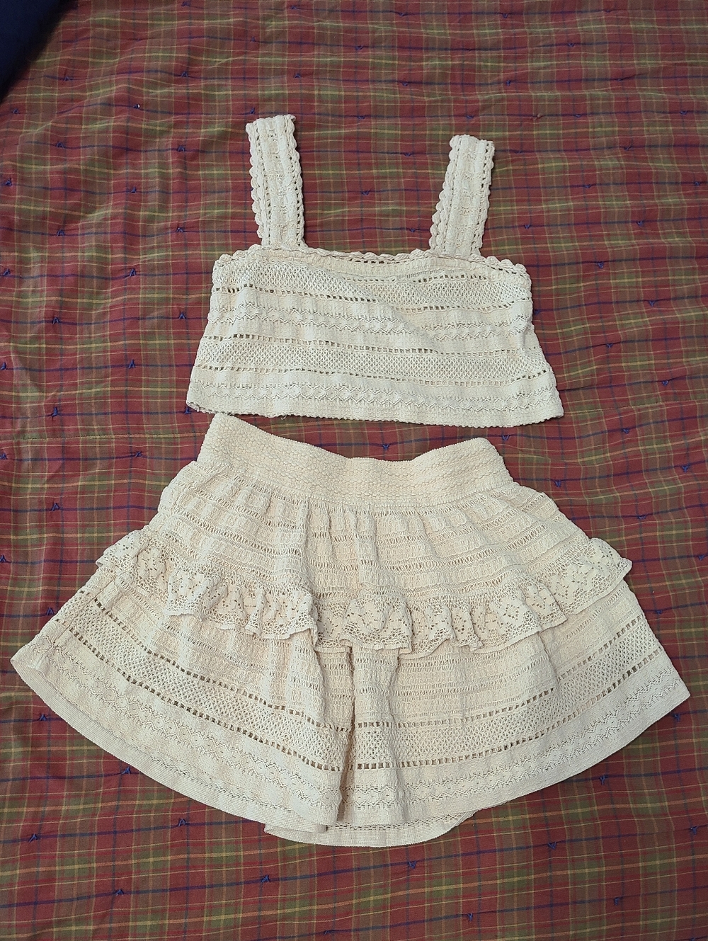 Aerie Beige Crochet Lace Top And Mini Skirt Set Size S/M
